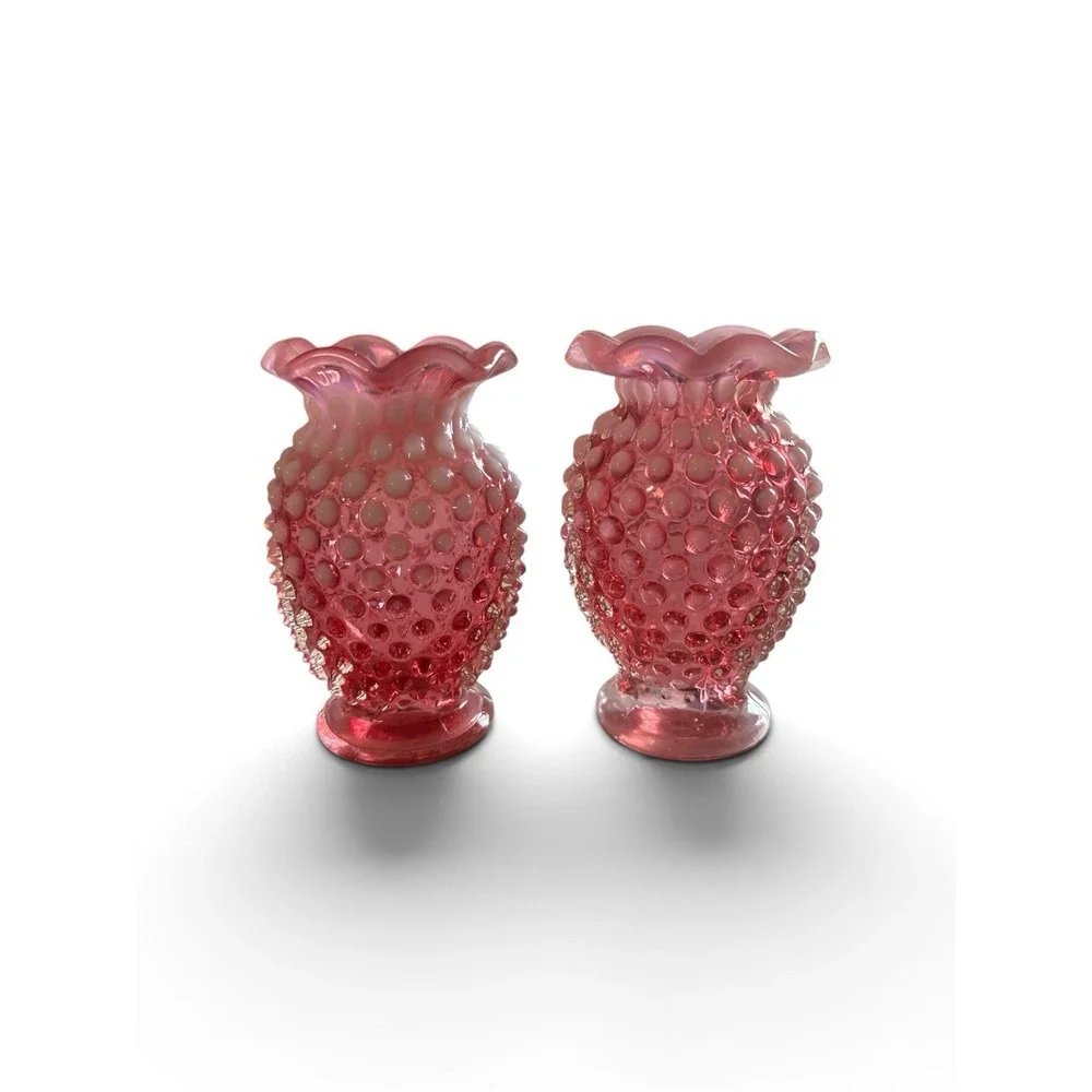 Pair Fenton Opalescent Cranberry Hobnail Mini Bud Vases with Crimped Edges #10